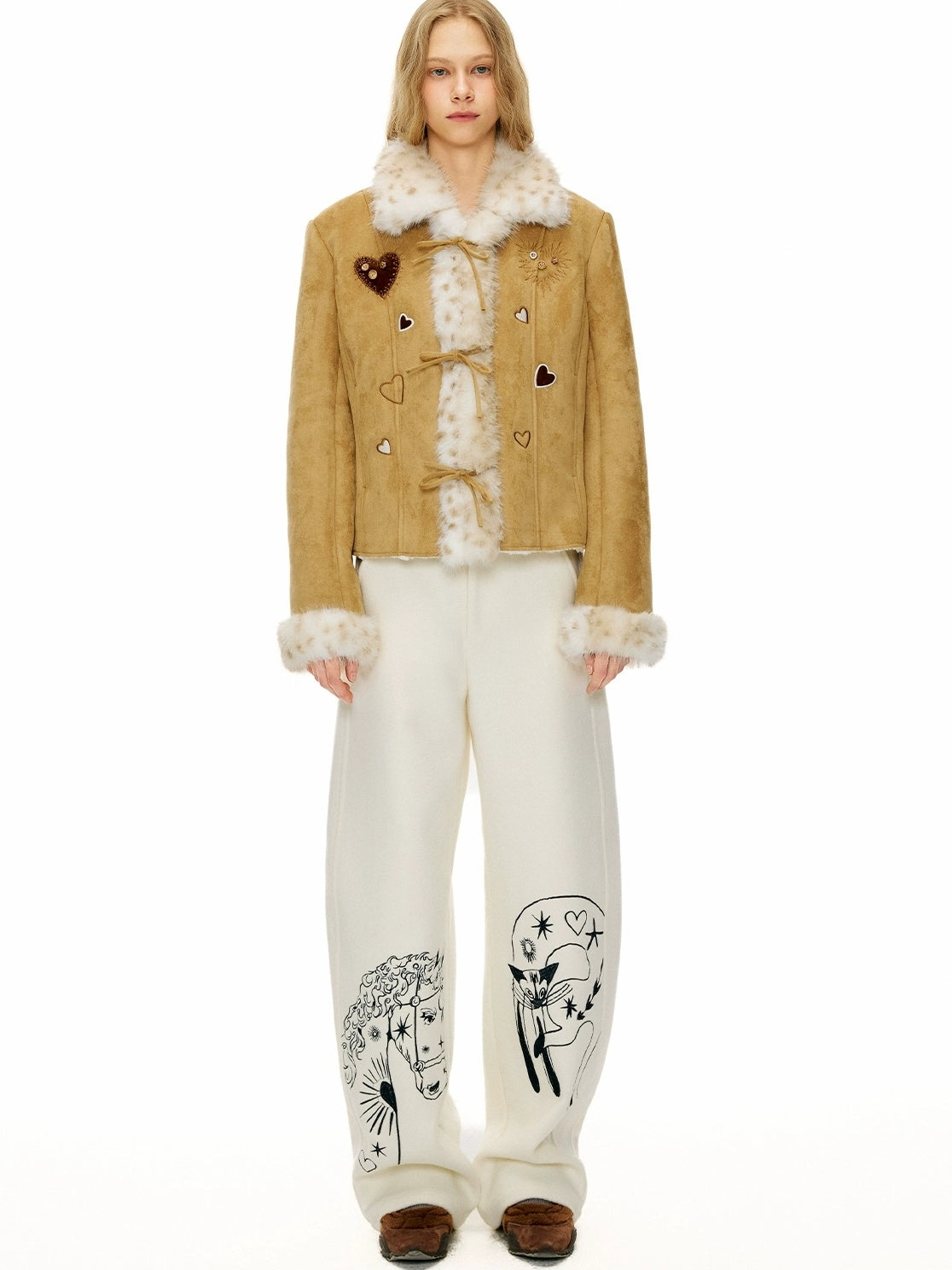 OuttheBlue Warm Casual Slim Faux Shearling Tie Waist Cropped Women Khaki Jacket