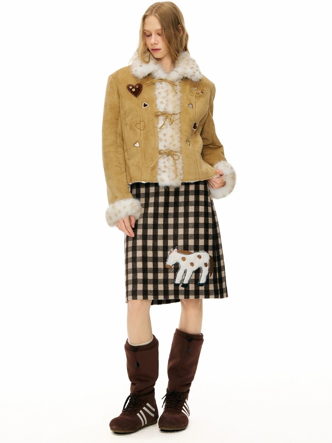 OuttheBlue Warm Casual Slim Faux Shearling Tie Waist Cropped Women Khaki Jacket