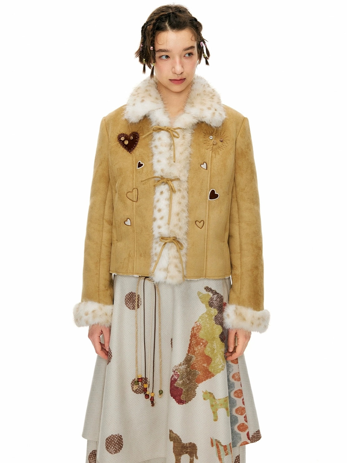 OuttheBlue Warm Casual Slim Faux Shearling Tie Waist Cropped Women Khaki Jacket