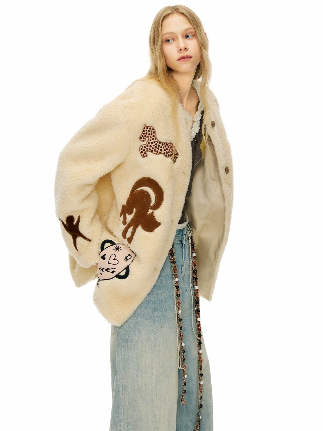 OuttheBlue Warm Thick Loose Fit Casual Buttoned Round Neck Animal Print Beige Women Jacket