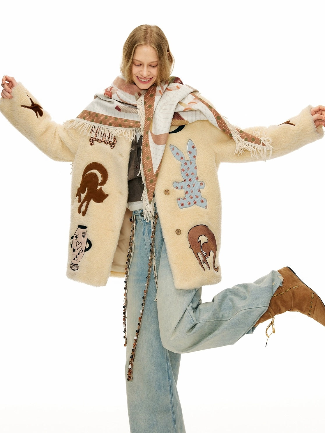 OuttheBlue Warm Thick Loose Fit Casual Buttoned Round Neck Animal Print Beige Women Jacket