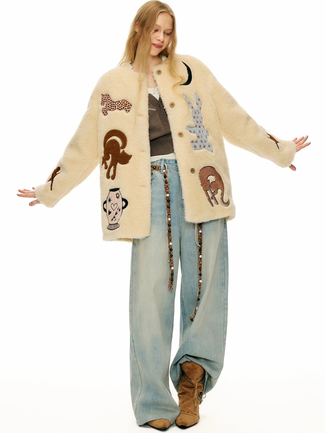 OuttheBlue Warm Thick Loose Fit Casual Buttoned Round Neck Animal Print Beige Women Jacket