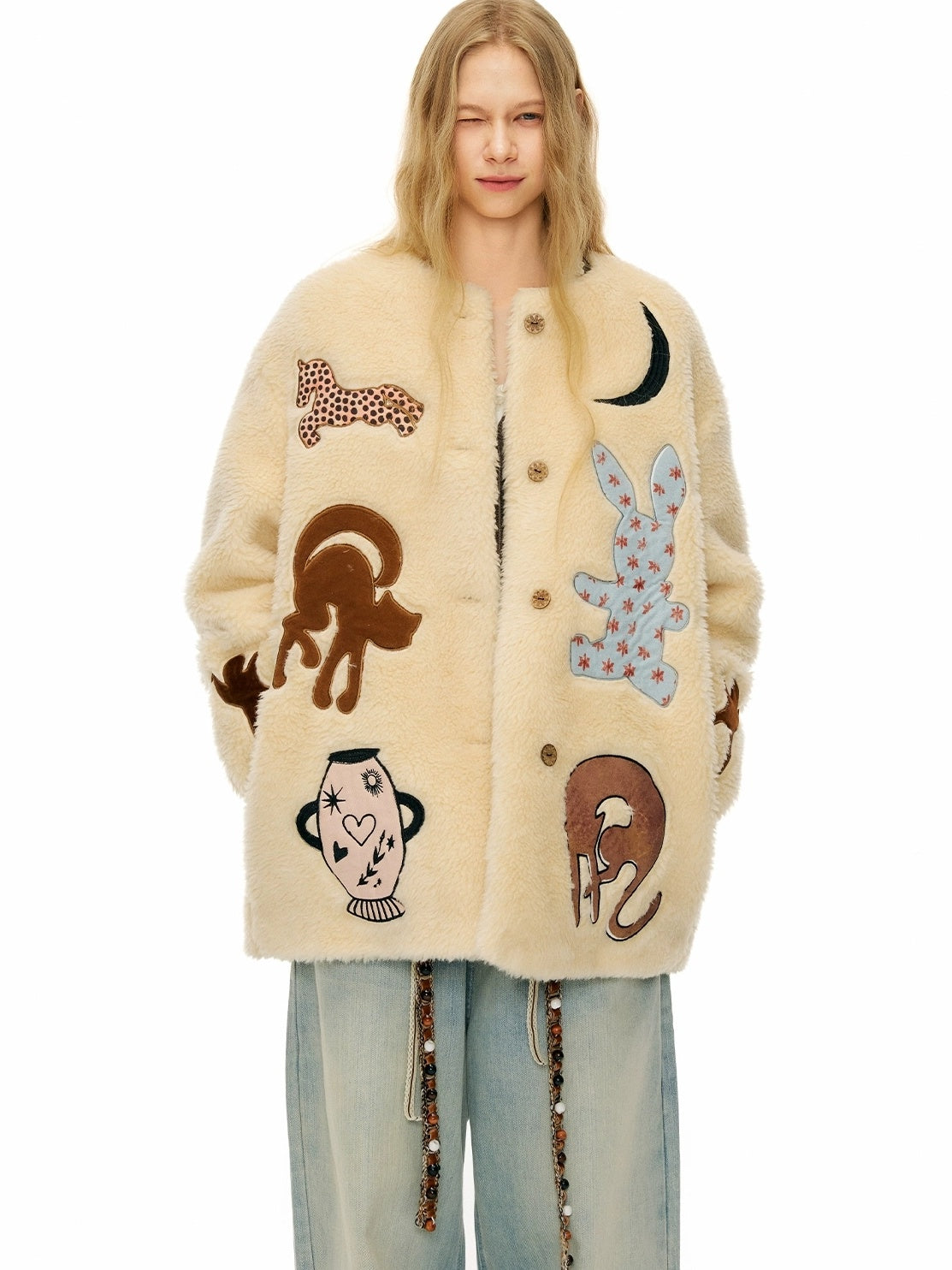 OuttheBlue Warm Thick Loose Fit Casual Buttoned Round Neck Animal Print Beige Women Jacket