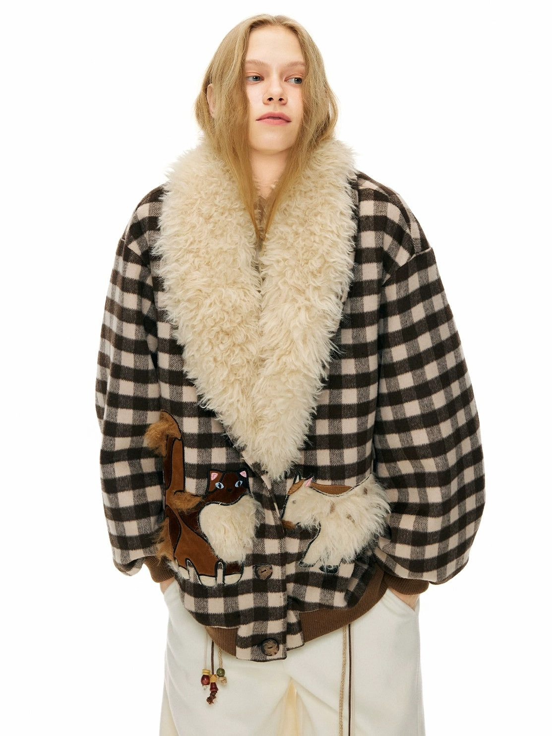 OuttheBlue Warm Wool Blend Plaid Loose Fit Single Breasted Commuter Women Jacket