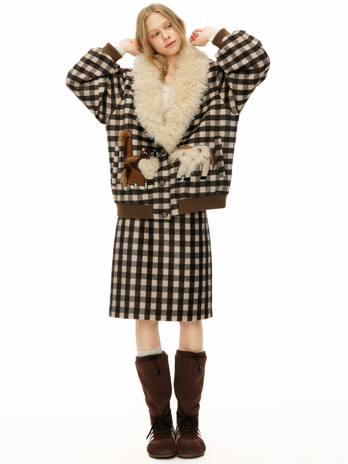 OuttheBlue Warm Wool Blend Plaid Loose Fit Single Breasted Commuter Women Jacket