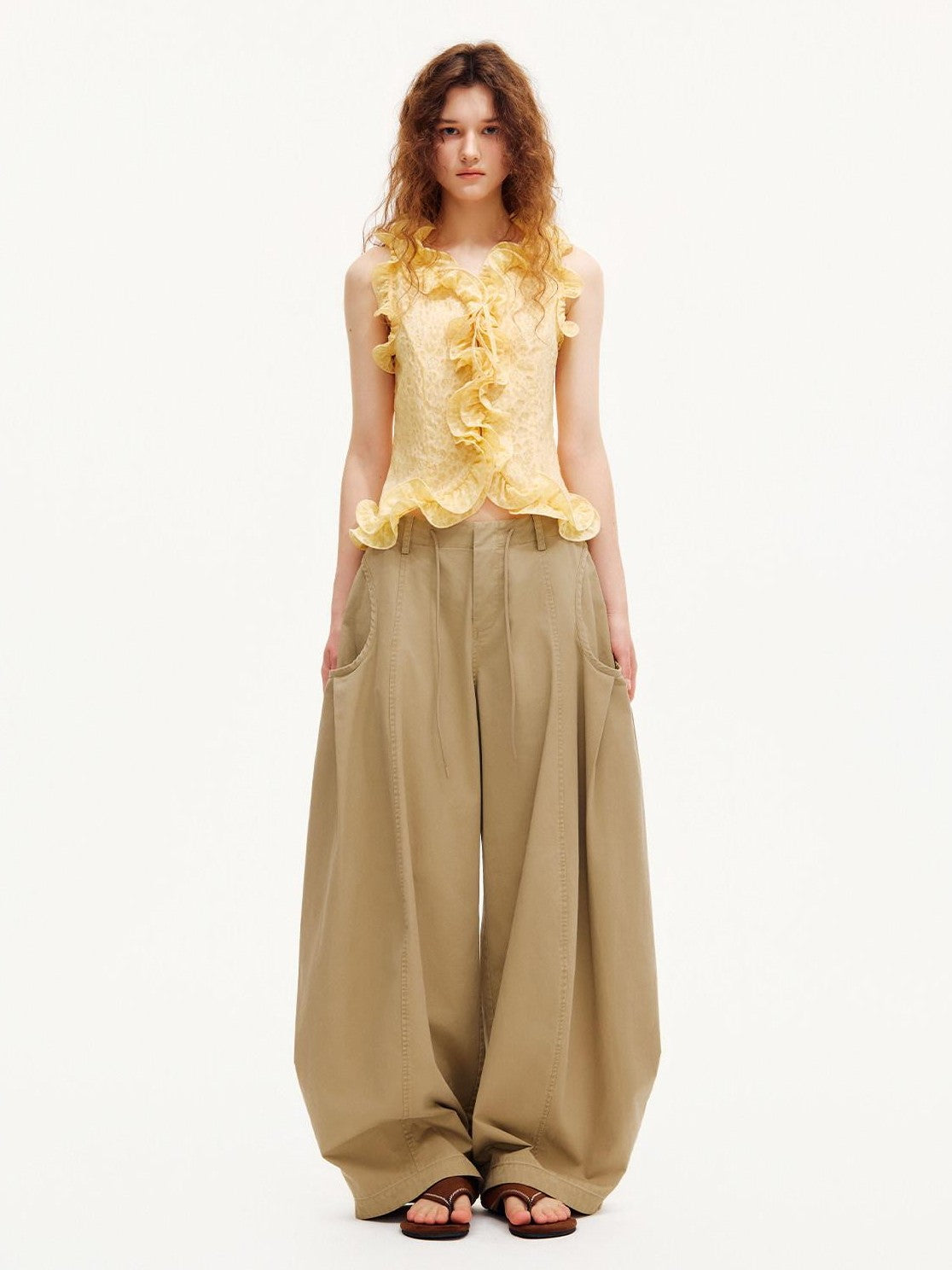 OuttheBlue Warm Yellow Ruffle Edge V-neck Slimming Cropped Women&