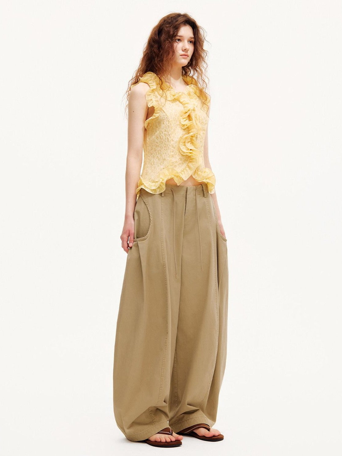 OuttheBlue Warm Yellow Ruffle Edge V-neck Slimming Cropped Women&