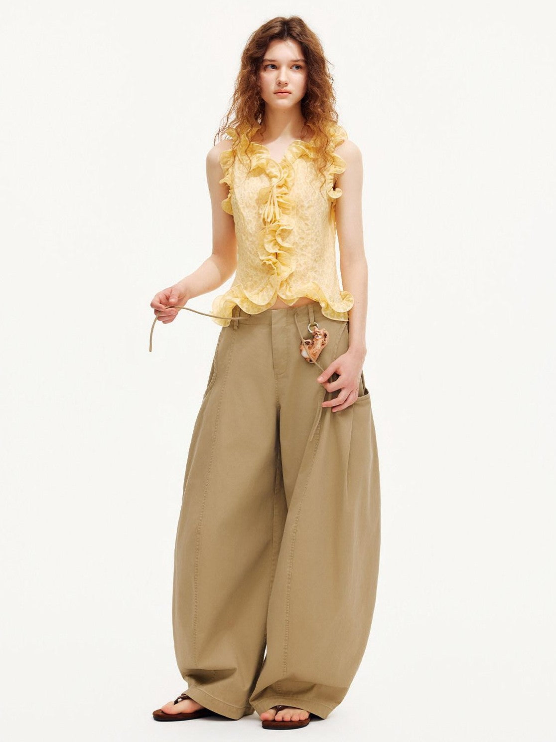 OuttheBlue Warm Yellow Ruffle Edge V-neck Slimming Cropped Women&
