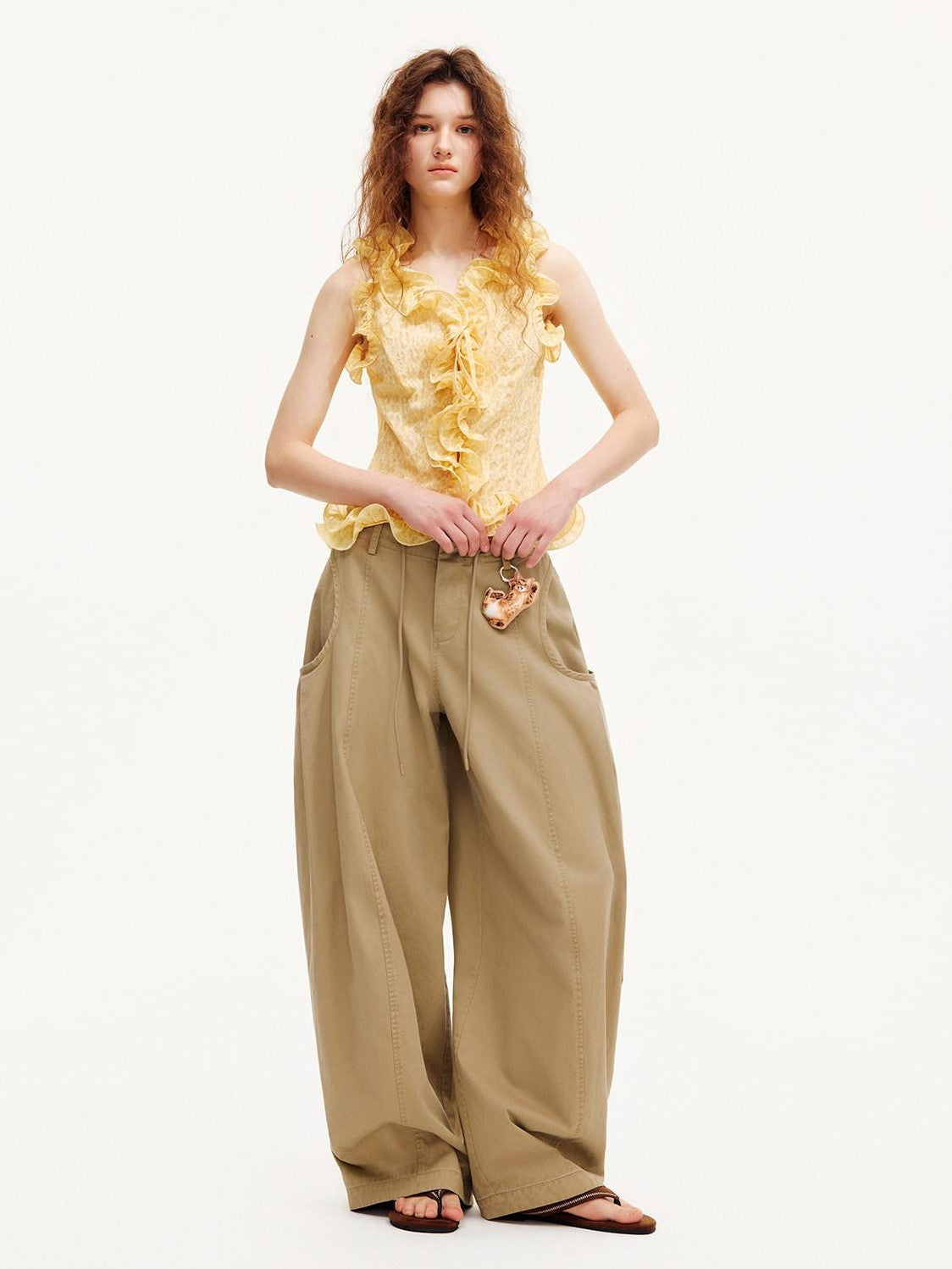 OuttheBlue Warm Yellow Ruffle Edge V-neck Slimming Cropped Women&