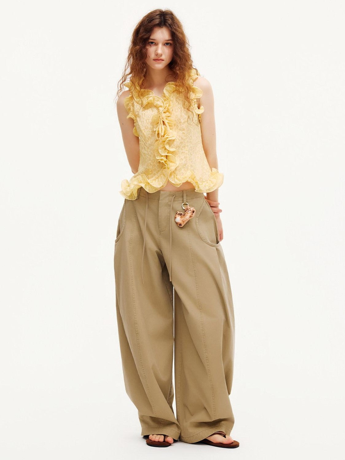 OuttheBlue Warm Yellow Ruffle Edge V-neck Slimming Cropped Women&