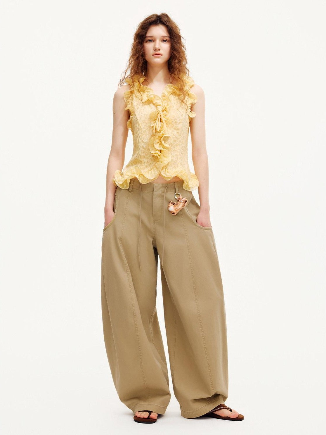 OuttheBlue Warm Yellow Ruffle Edge V-neck Slimming Cropped Women&