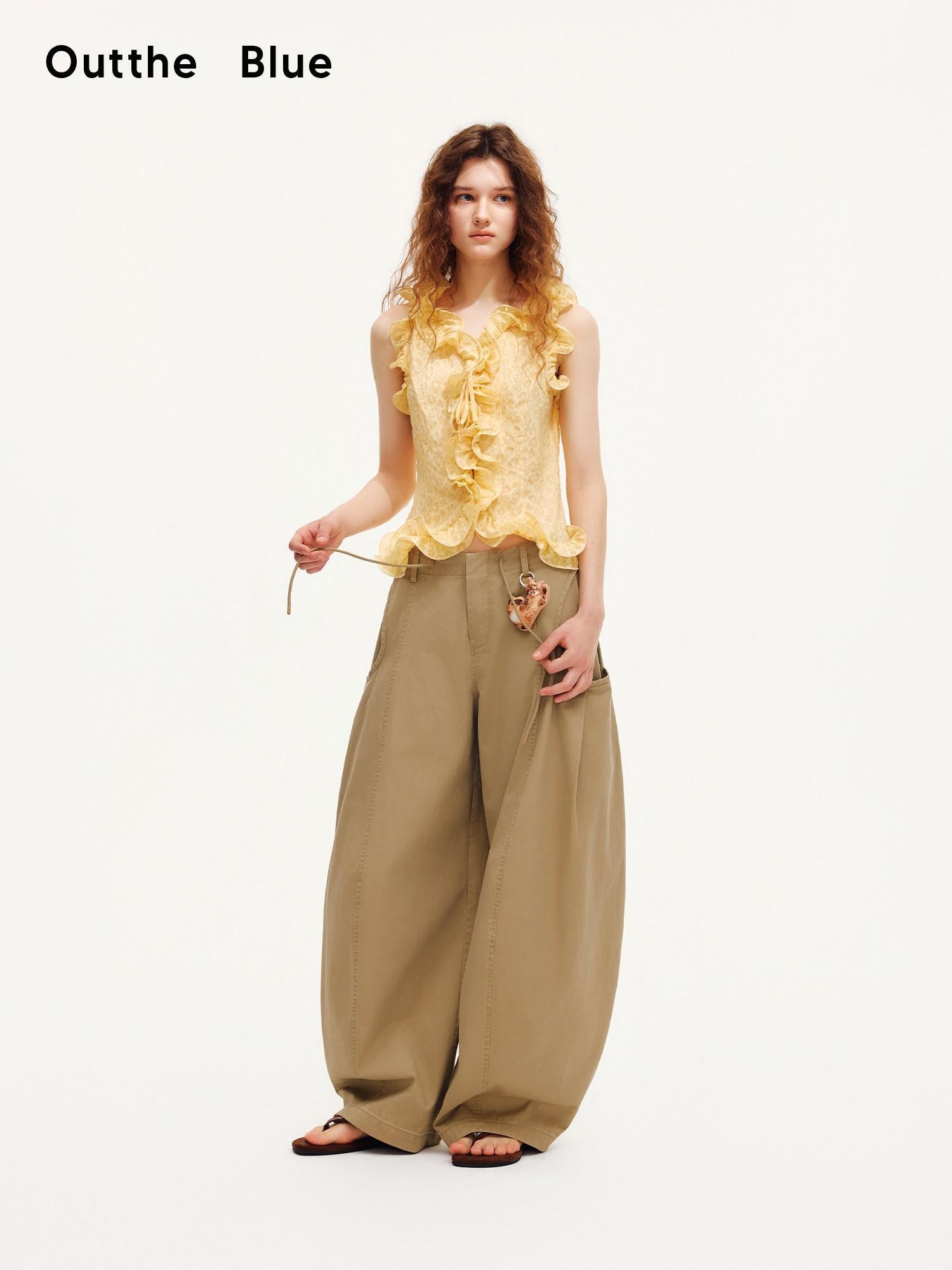 OuttheBlue Warm Yellow Ruffle Edge V-neck Slimming Cropped Women&