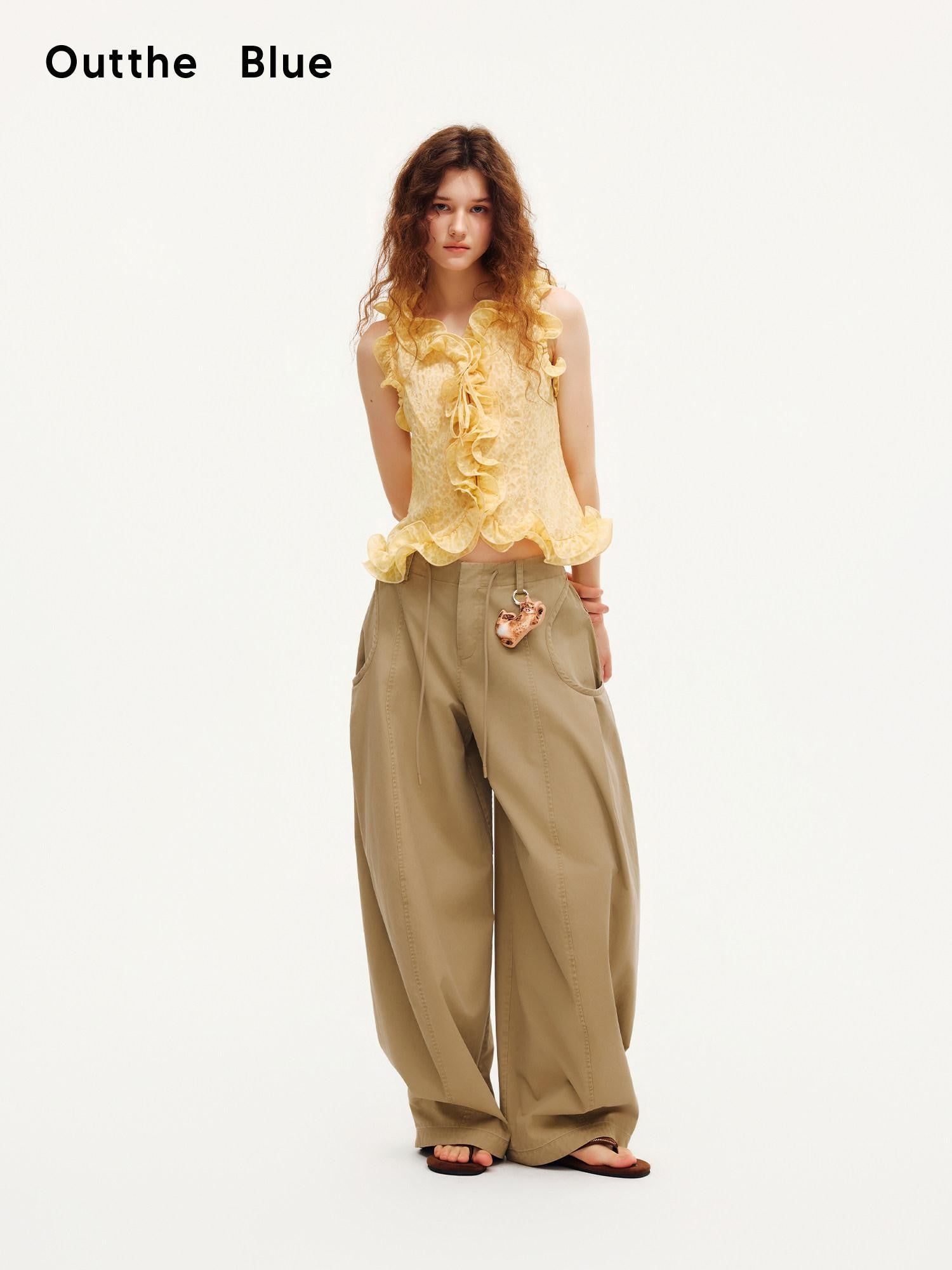 OuttheBlue Warm Yellow Ruffle Edge V-neck Slimming Cropped Women&