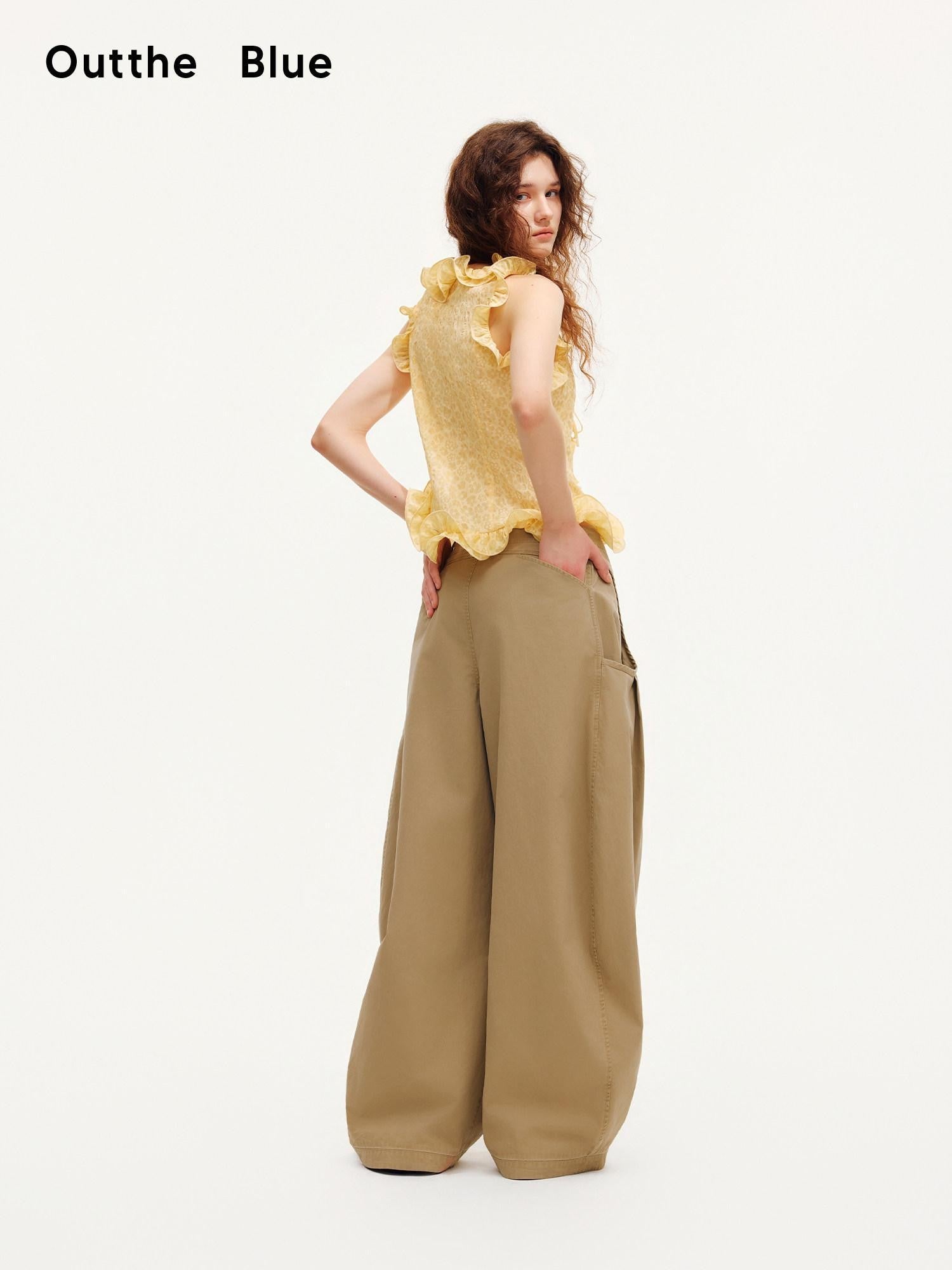 OuttheBlue Warm Yellow Ruffle Edge V-neck Slimming Cropped Women&