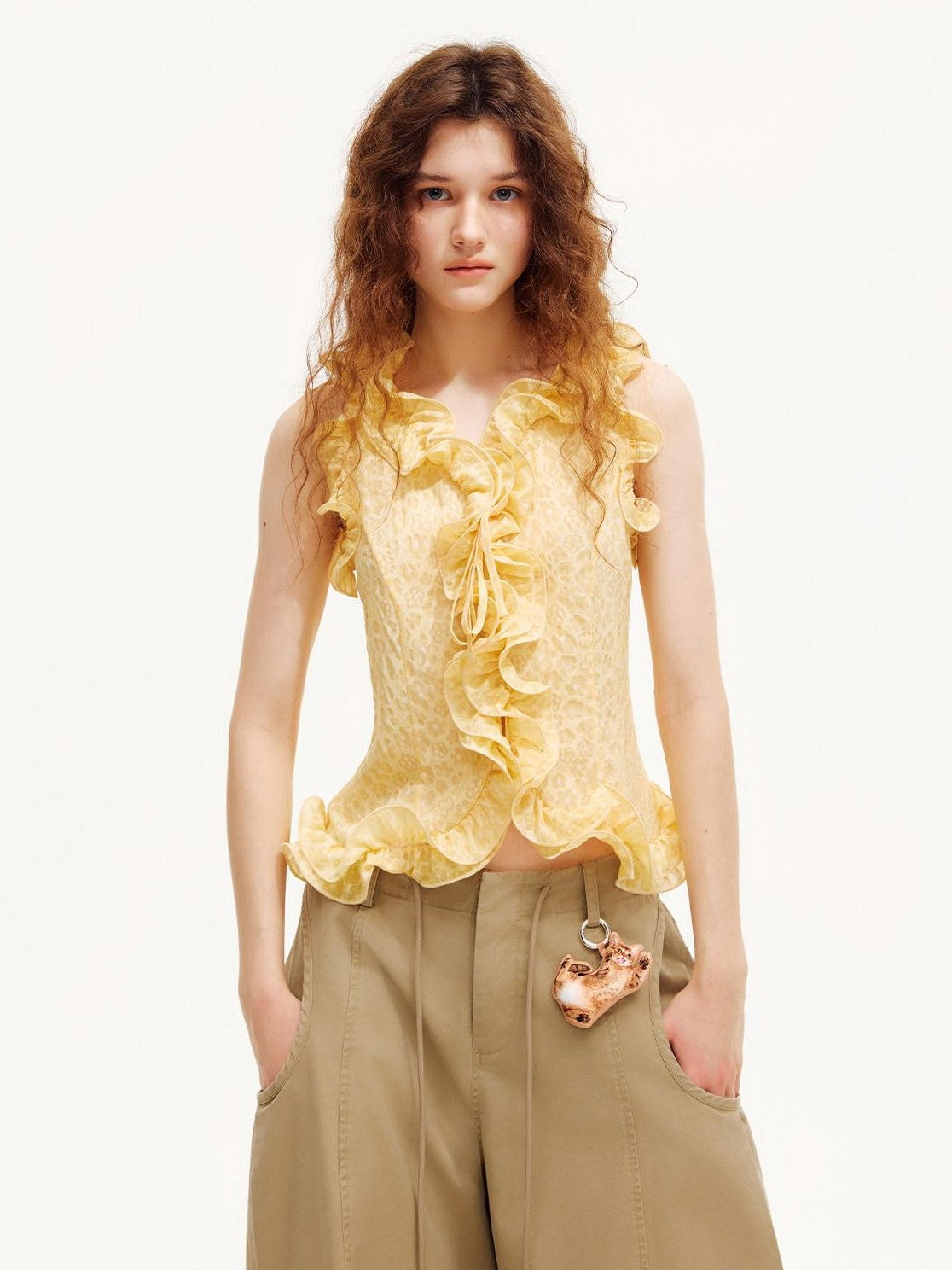 OuttheBlue Warm Yellow Ruffle Edge V-neck Slimming Cropped Women&