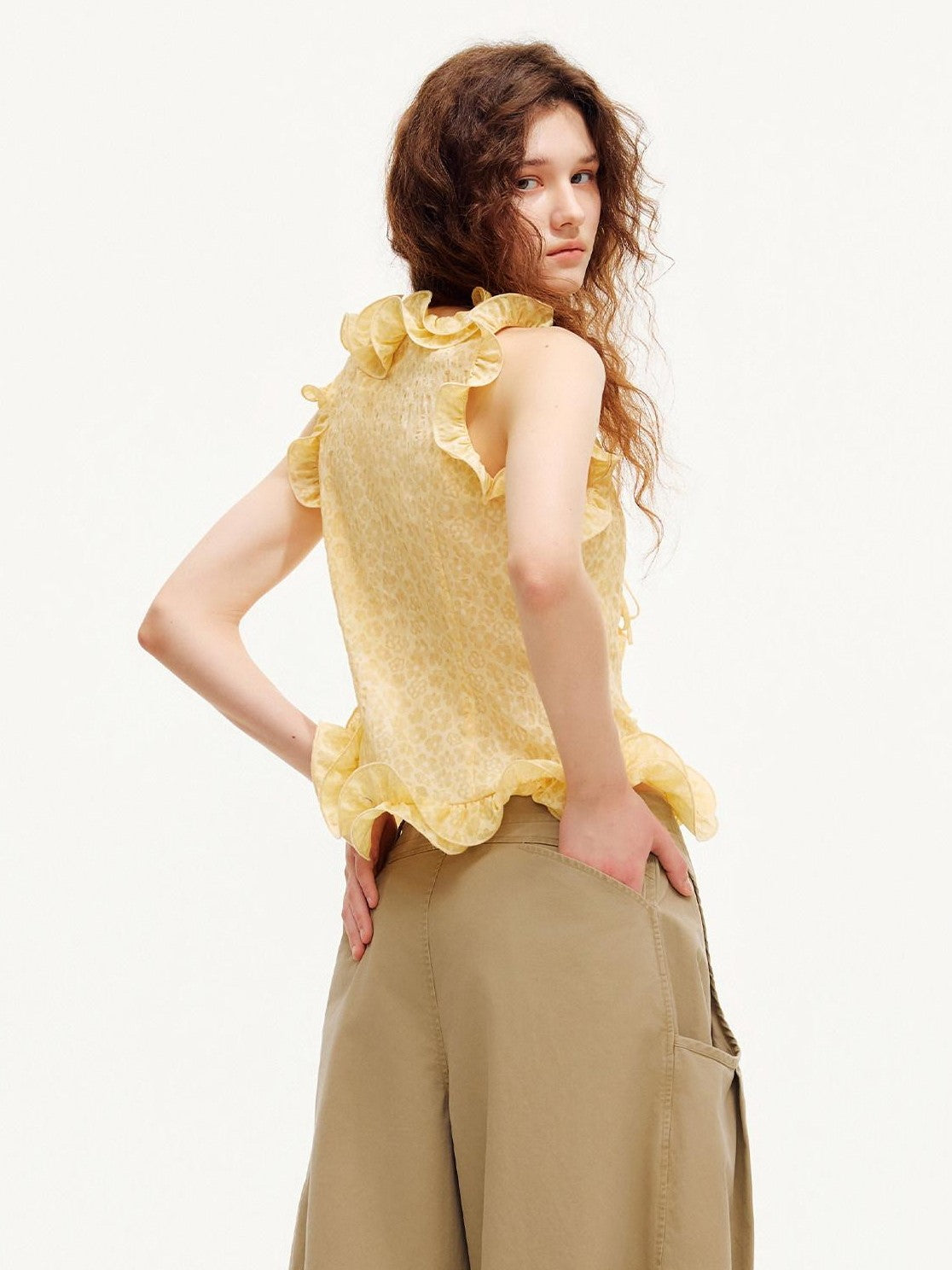 OuttheBlue Warm Yellow Ruffle Edge V-neck Slimming Cropped Women&