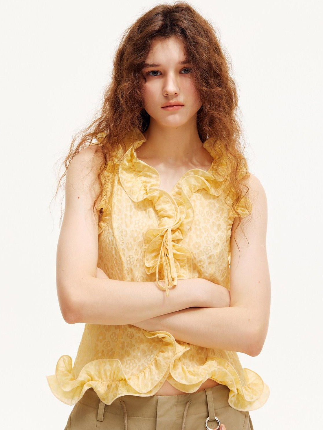 OuttheBlue Warm Yellow Ruffle Edge V-neck Slimming Cropped Women&