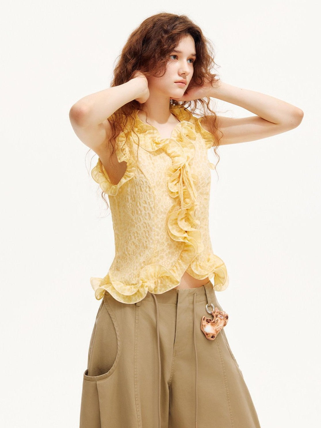 OuttheBlue Warm Yellow Ruffle Edge V-neck Slimming Cropped Women&