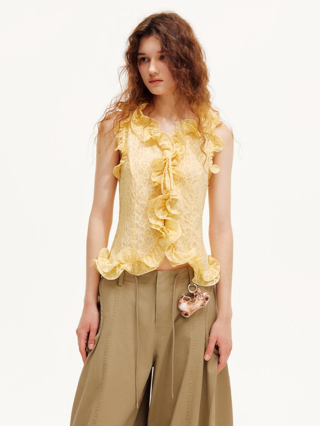 OuttheBlue Warm Yellow Ruffle Edge V-neck Slimming Cropped Women&