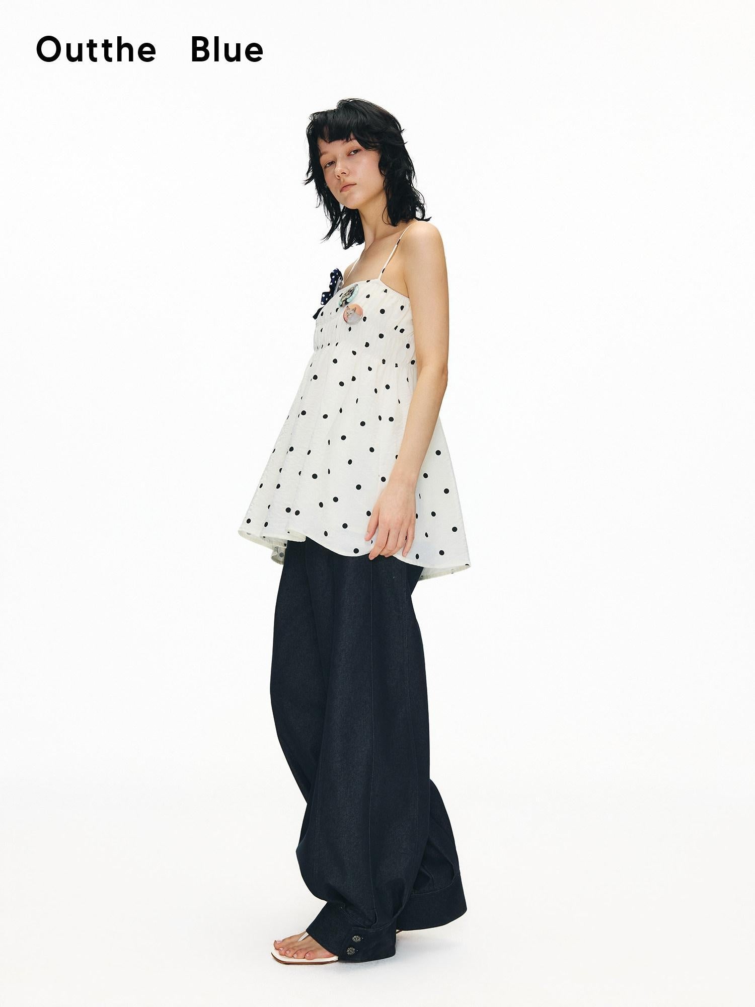 OuttheBlue Washed Cotton Relaxed Natural Waist Pocket Button Fly Women Navy Wide-Leg Jeans