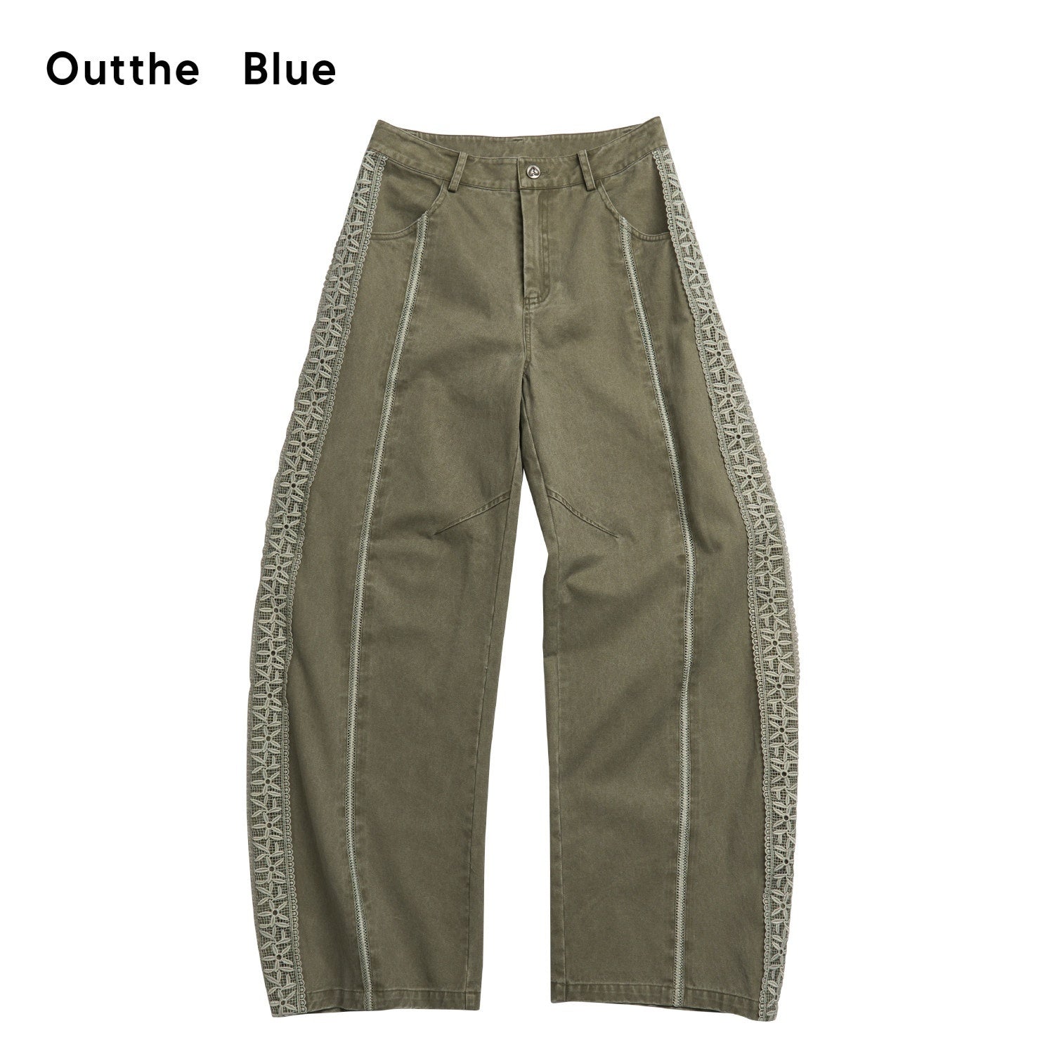 OuttheBlue Washed Green Pure Cotton Lace Trim Loose Curved Leg Natural Waist Pocket Pants