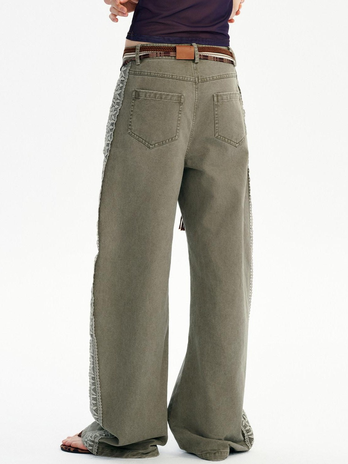 OuttheBlue Washed Green Pure Cotton Lace Trim Loose Curved Leg Natural Waist Pocket Pants