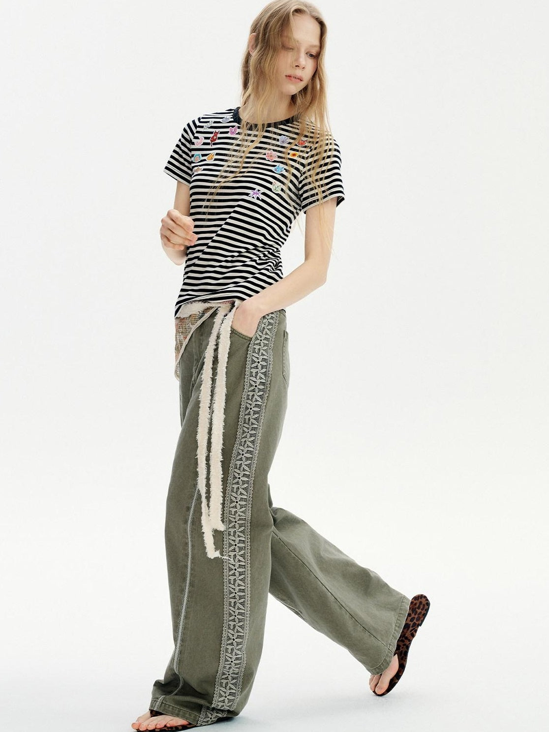 OuttheBlue Washed Green Pure Cotton Lace Trim Loose Curved Leg Natural Waist Pocket Pants