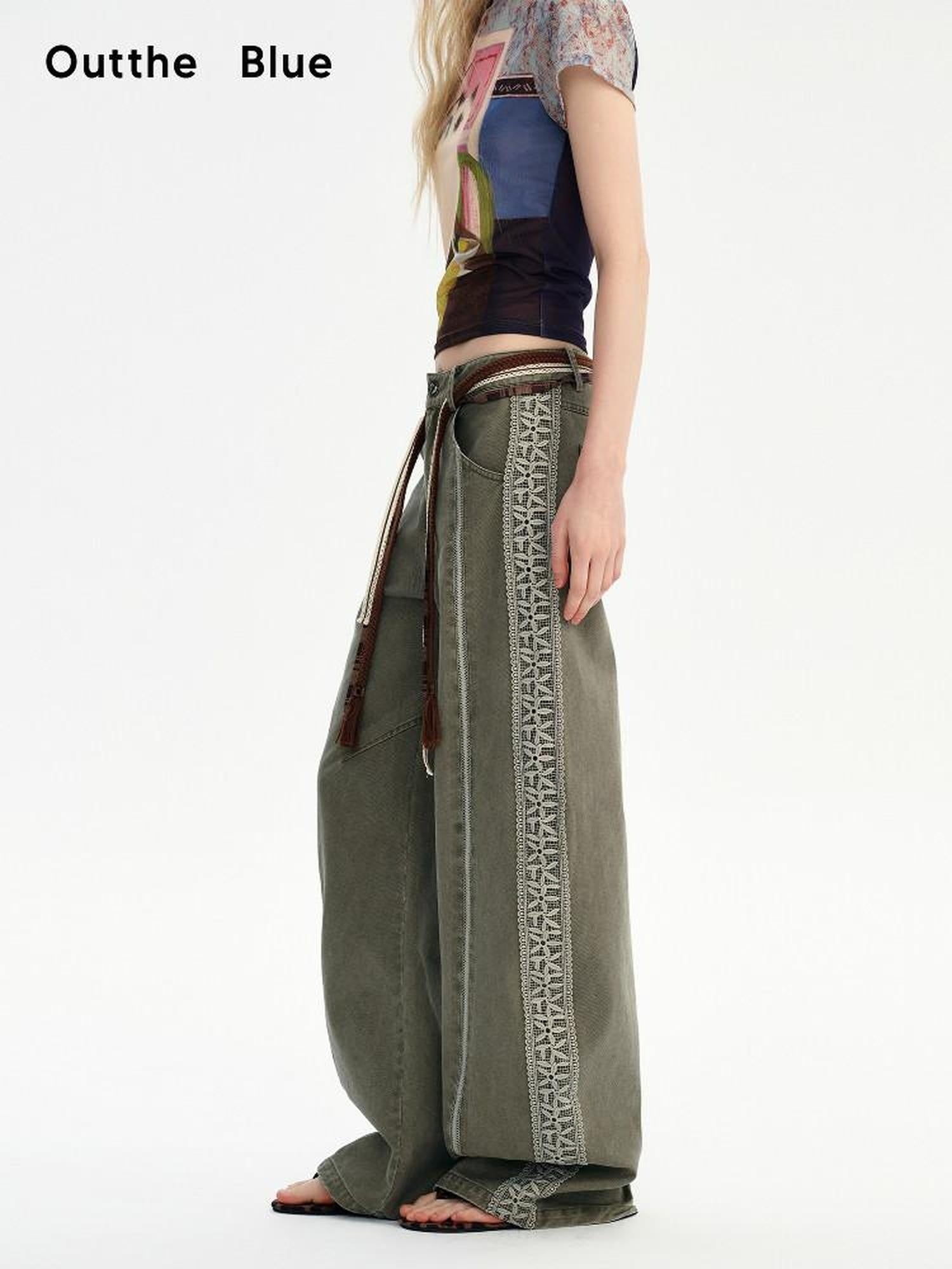 OuttheBlue Washed Green Pure Cotton Lace Trim Loose Curved Leg Natural Waist Pocket Pants