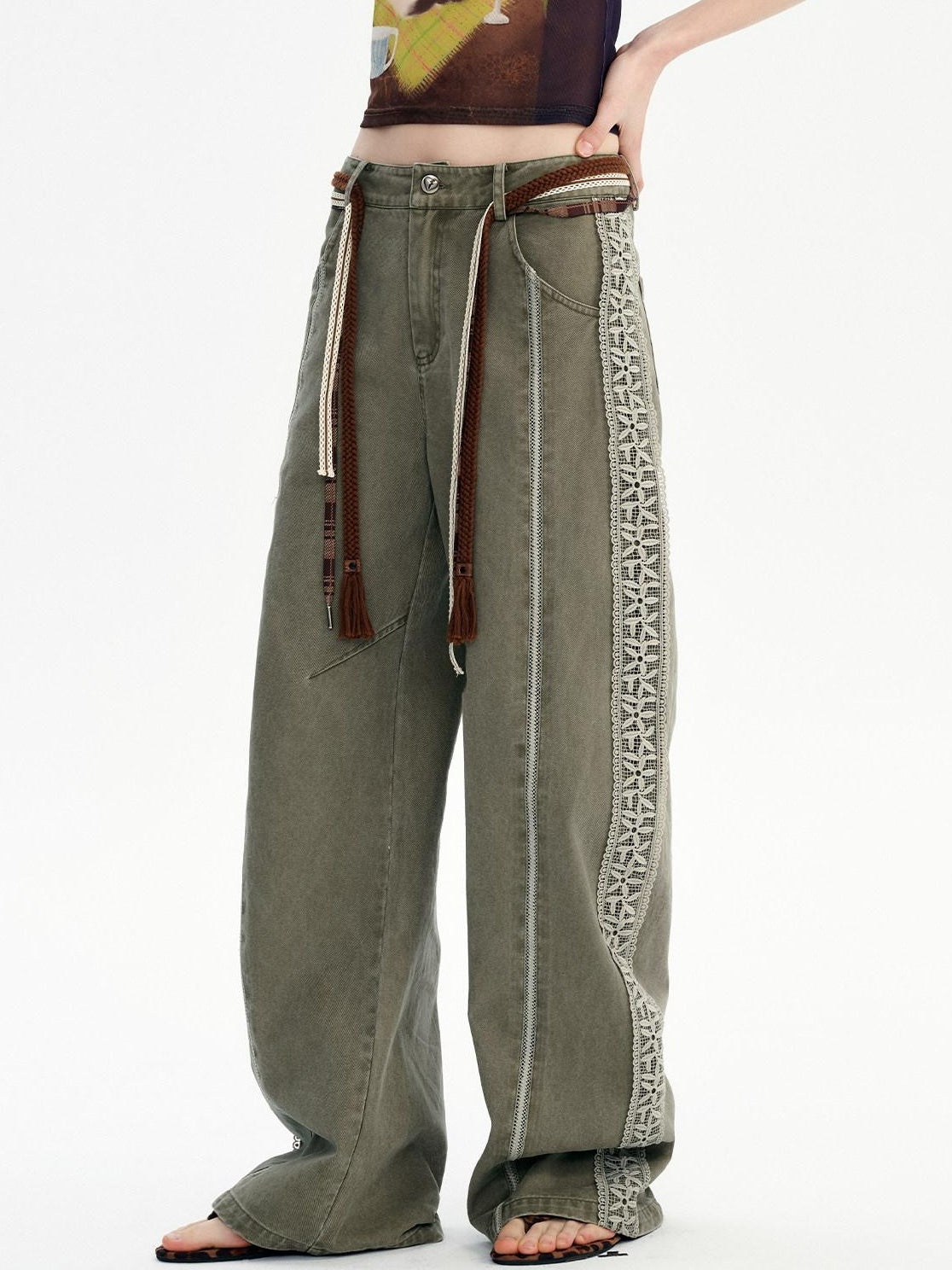 OuttheBlue Washed Green Pure Cotton Lace Trim Loose Curved Leg Natural Waist Pocket Pants