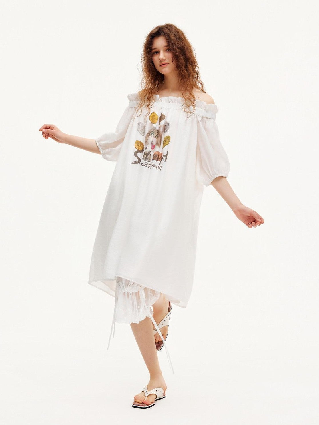 OuttheBlue White Puff Sleeve A Line Women&