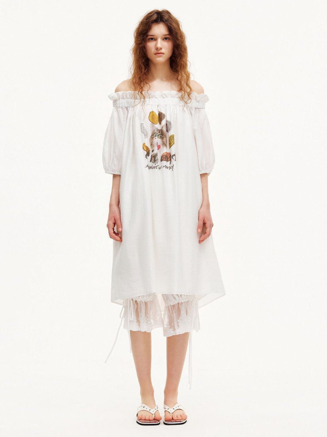 OuttheBlue White Puff Sleeve A Line Women&