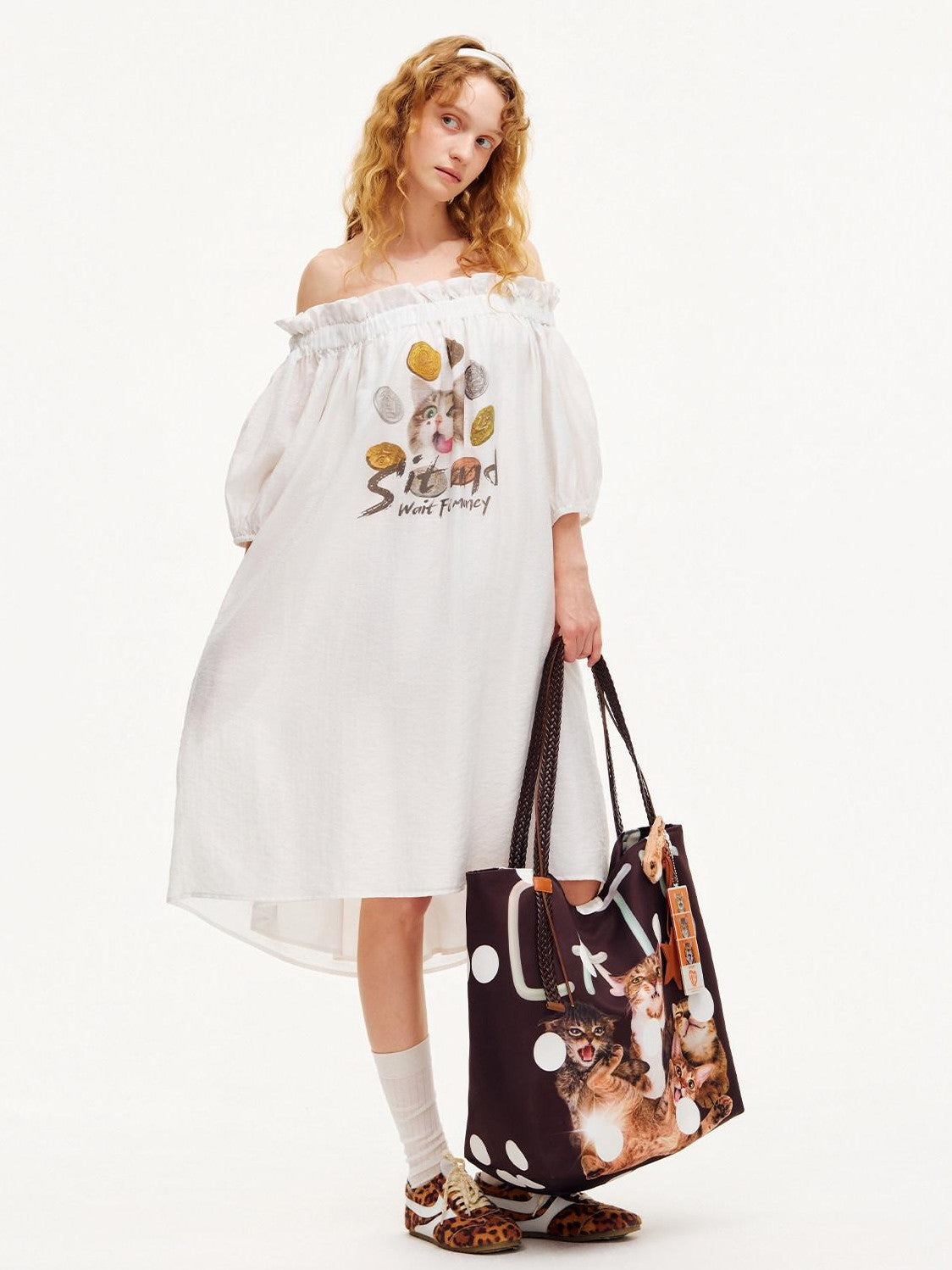 OuttheBlue White Puff Sleeve A Line Women&