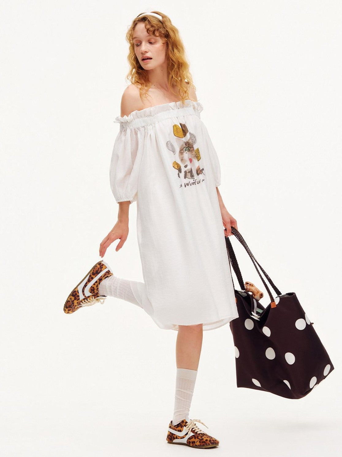 OuttheBlue White Puff Sleeve A Line Women&