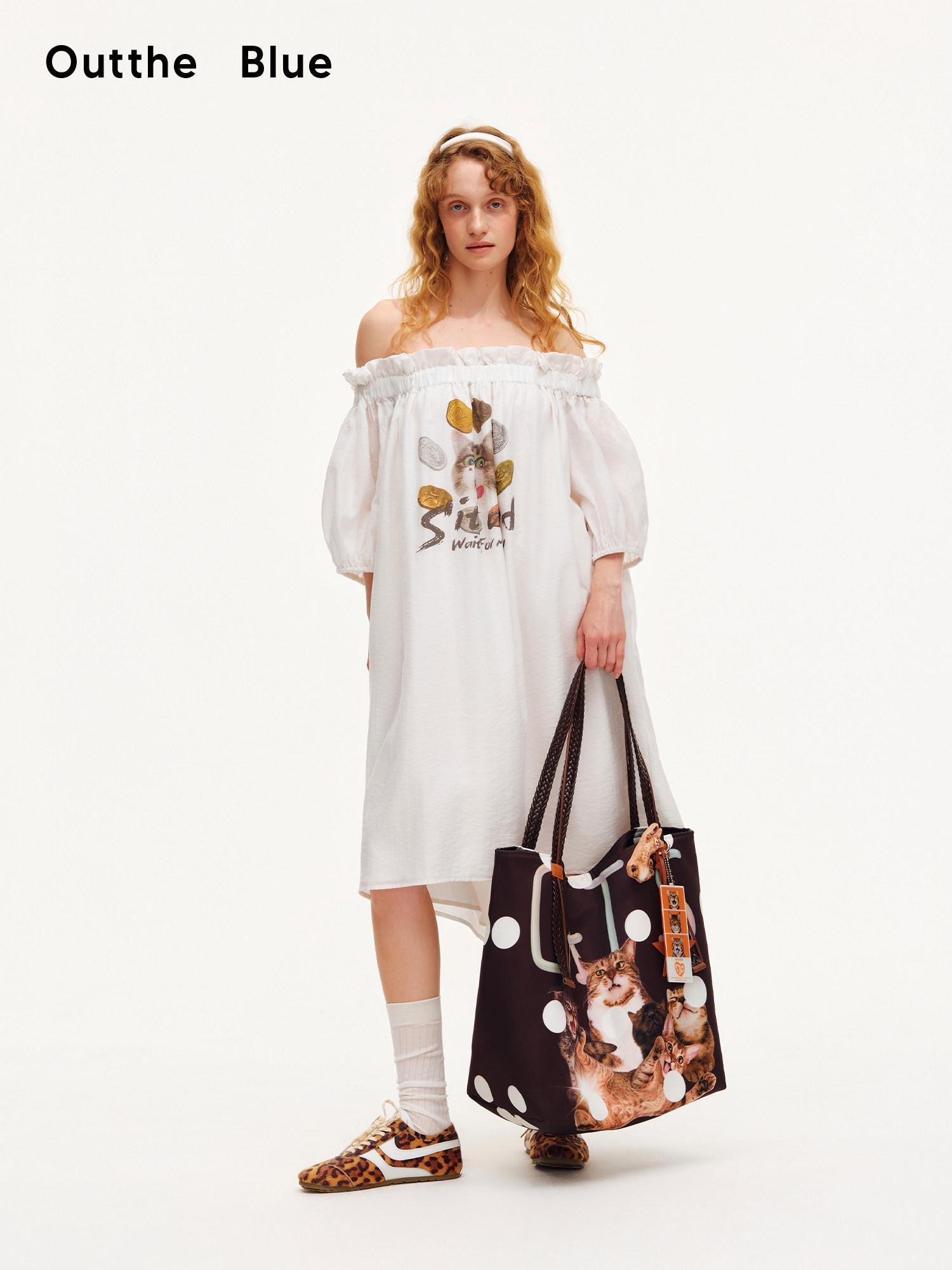 OuttheBlue White Puff Sleeve A Line Women&