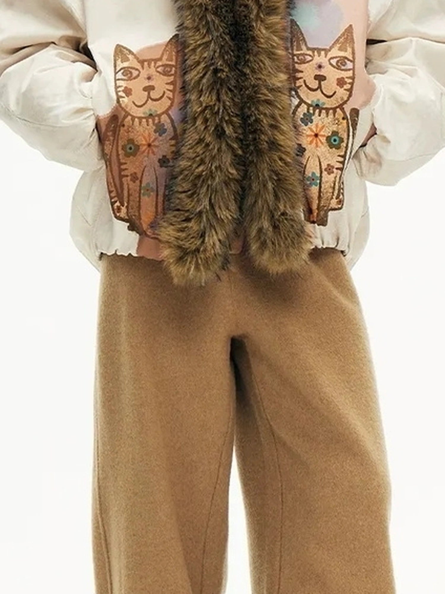OuttheBlue Winter Lucky Cat Print Puffer Jacket With Faux Fur Hood