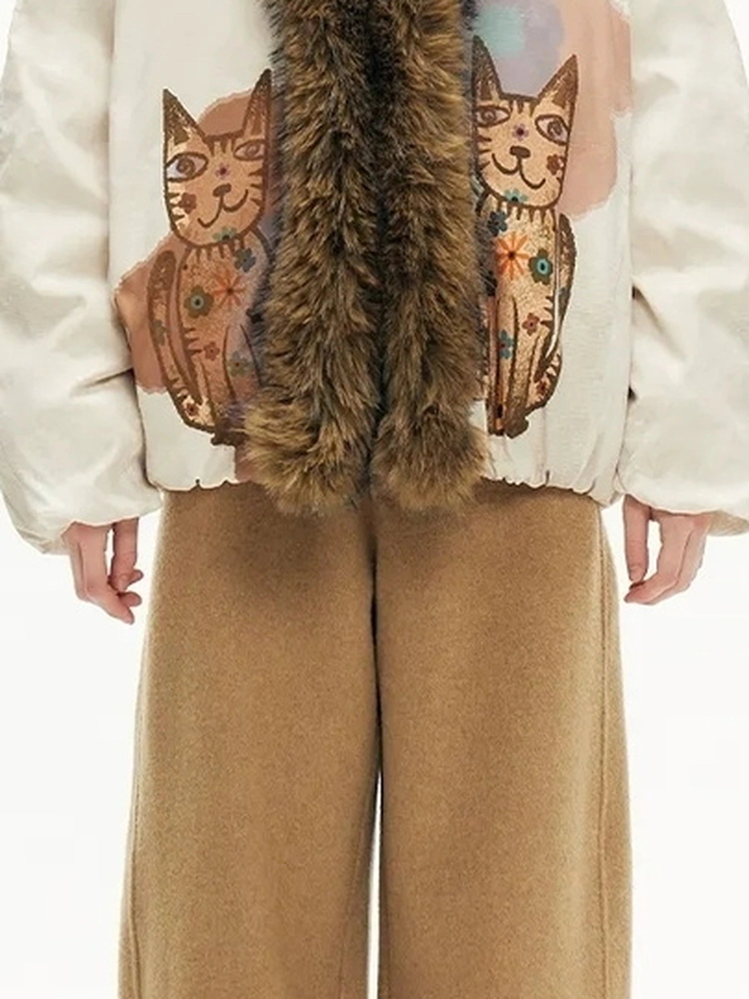 OuttheBlue Winter Lucky Cat Print Puffer Jacket With Faux Fur Hood