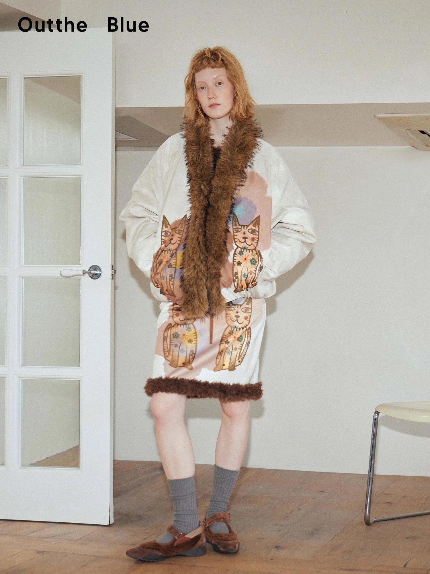 OuttheBlue Winter Plush Cat Print Drawstring Skirt