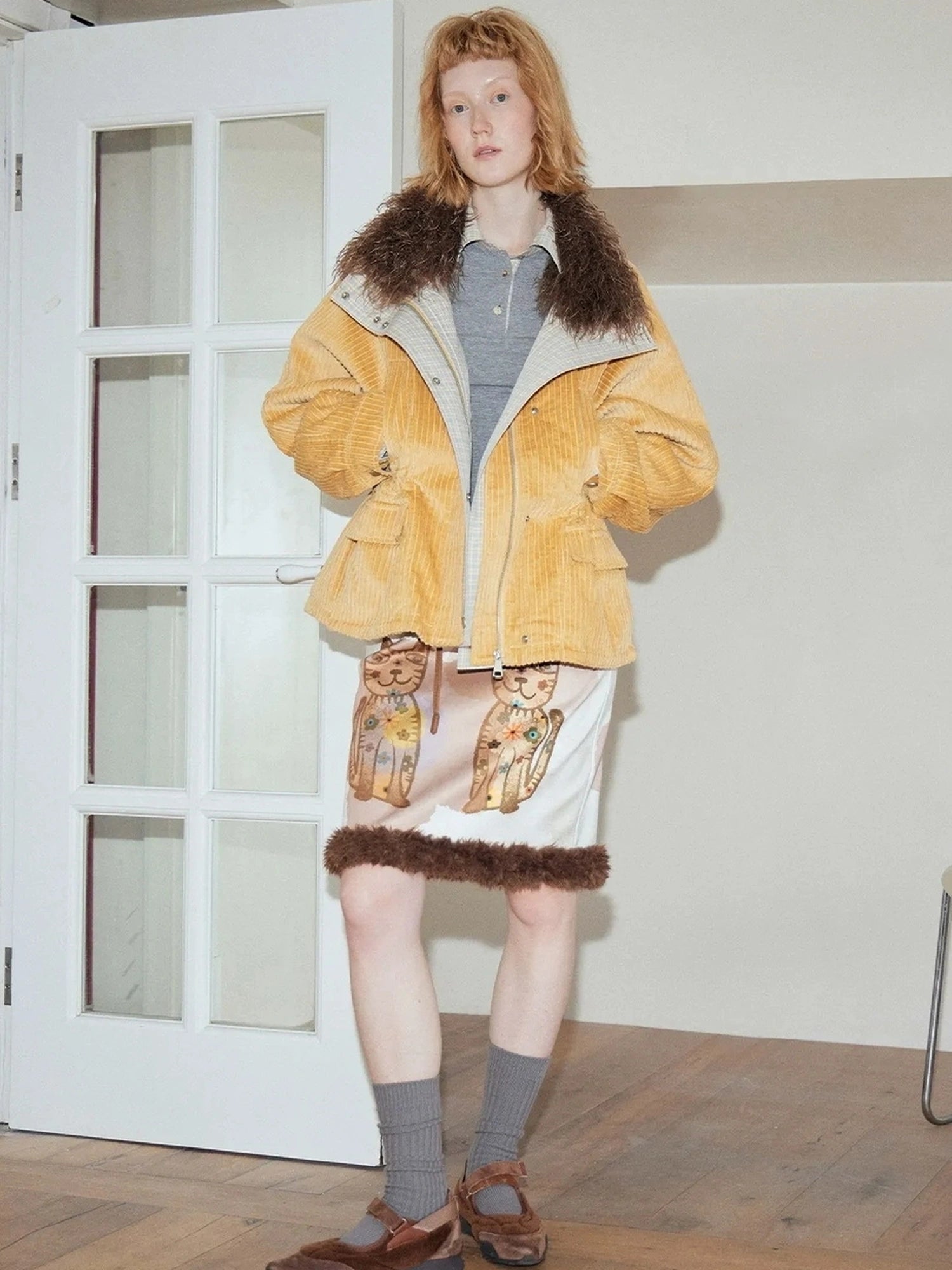 OuttheBlue Winter Plush Cat Print Drawstring Skirt