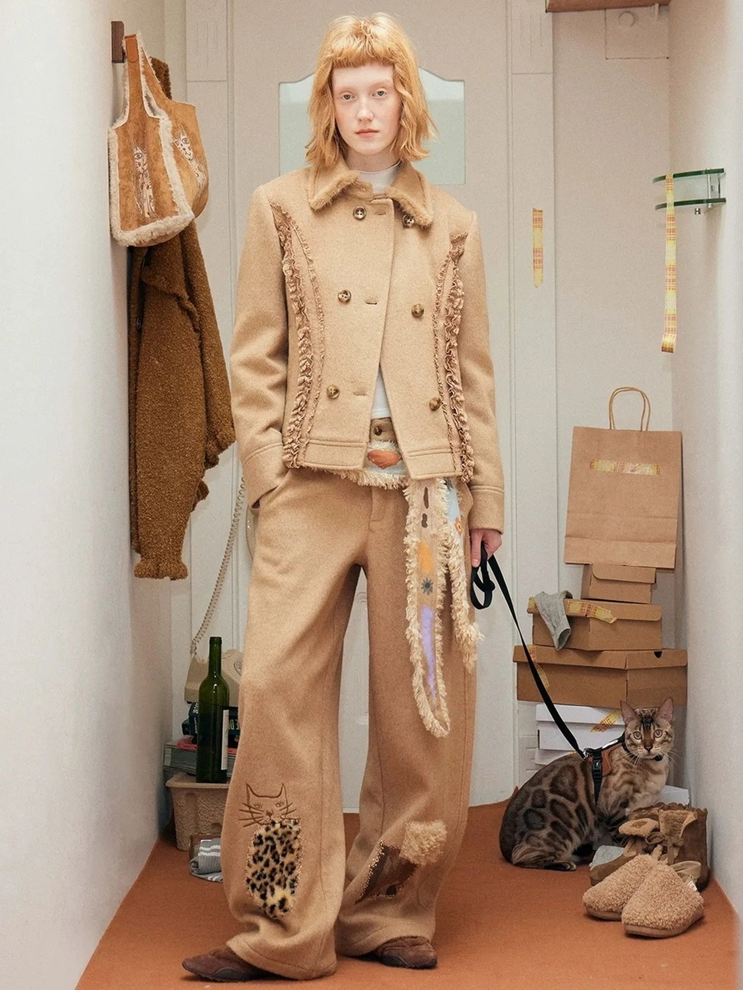 OuttheBlue Winter Tencel Wool Embroidered Cat Head Trousers