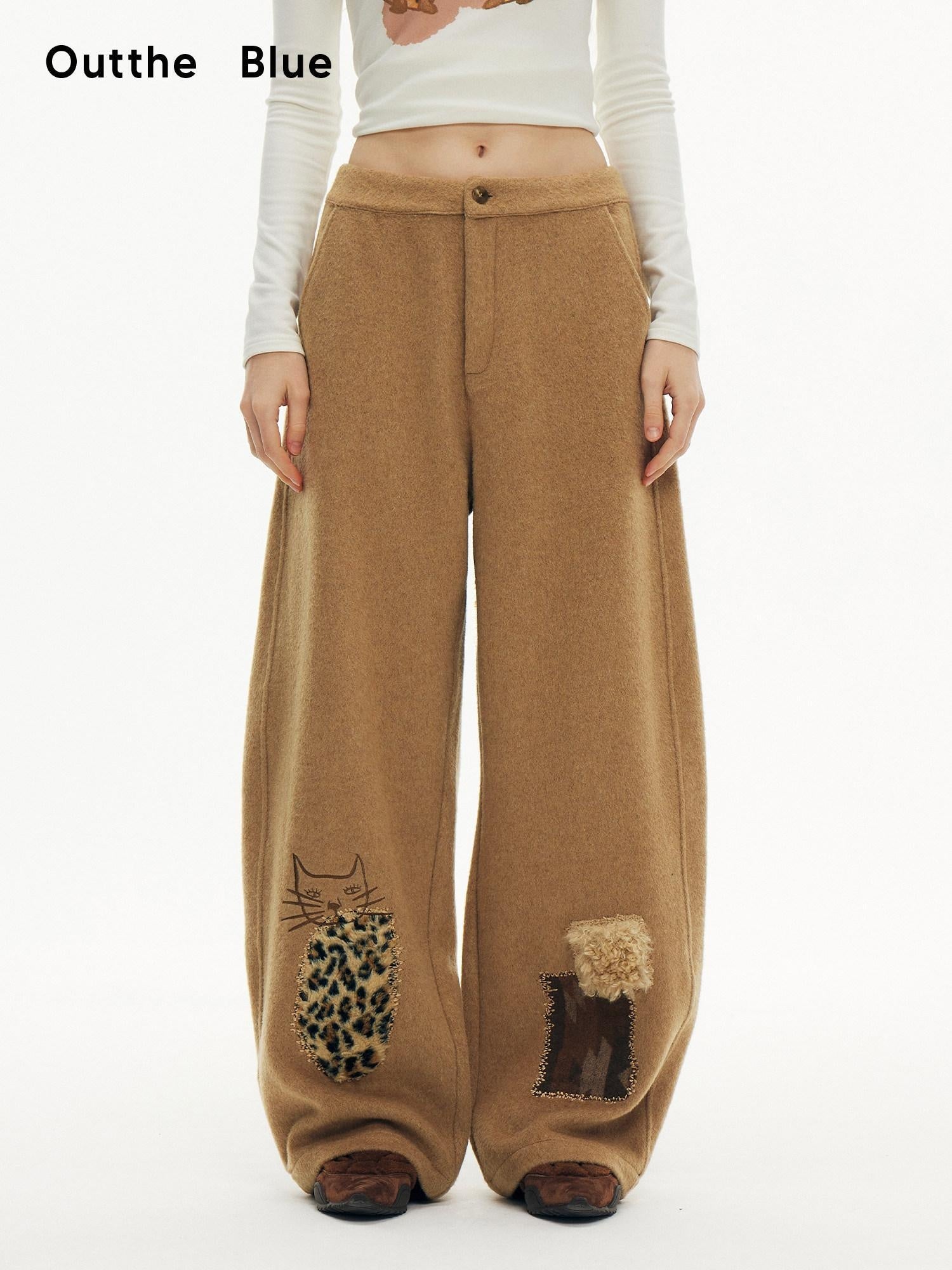 OuttheBlue Wool Blend Embroidered Pocket Straight Leg Loose Natural Waist Women Camel Pants