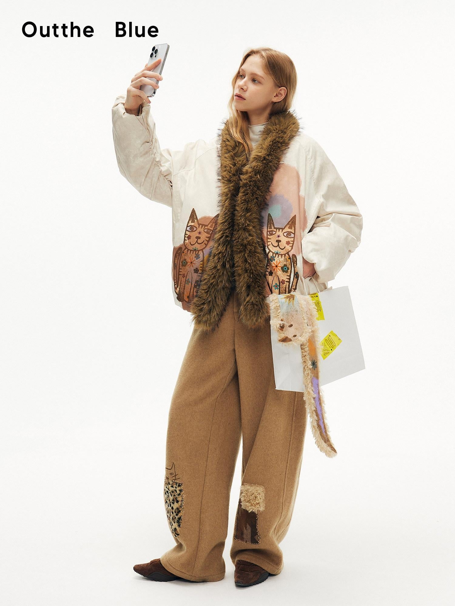 OuttheBlue Wool Blend Embroidered Pocket Straight Leg Loose Natural Waist Women Camel Pants
