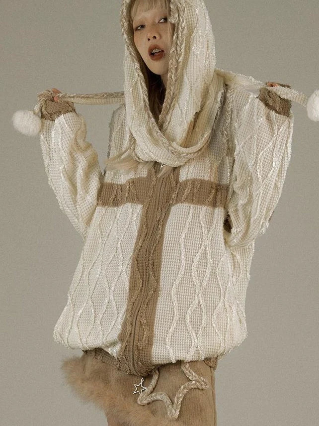 Oversize Hooded Knit Cardigan Women Cozy Lazy Chic Sweatshirt