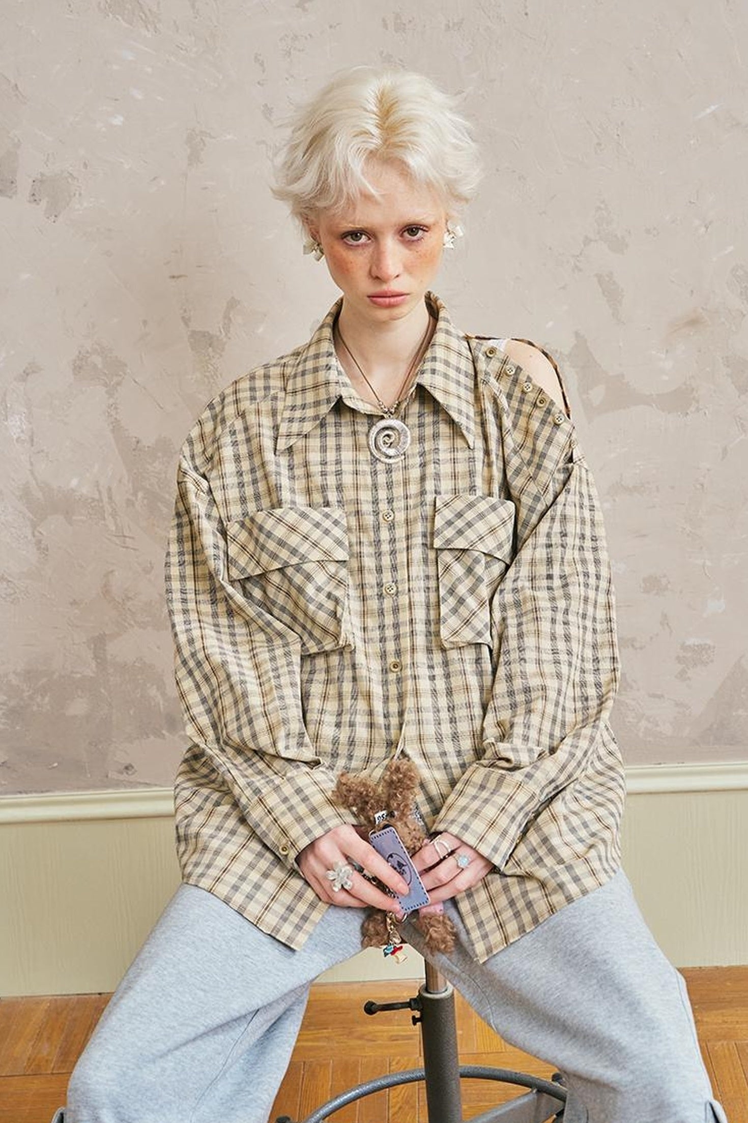 DIDDI MODA Oversized Checkered Off Shoulder Shirt With Layered Pockets