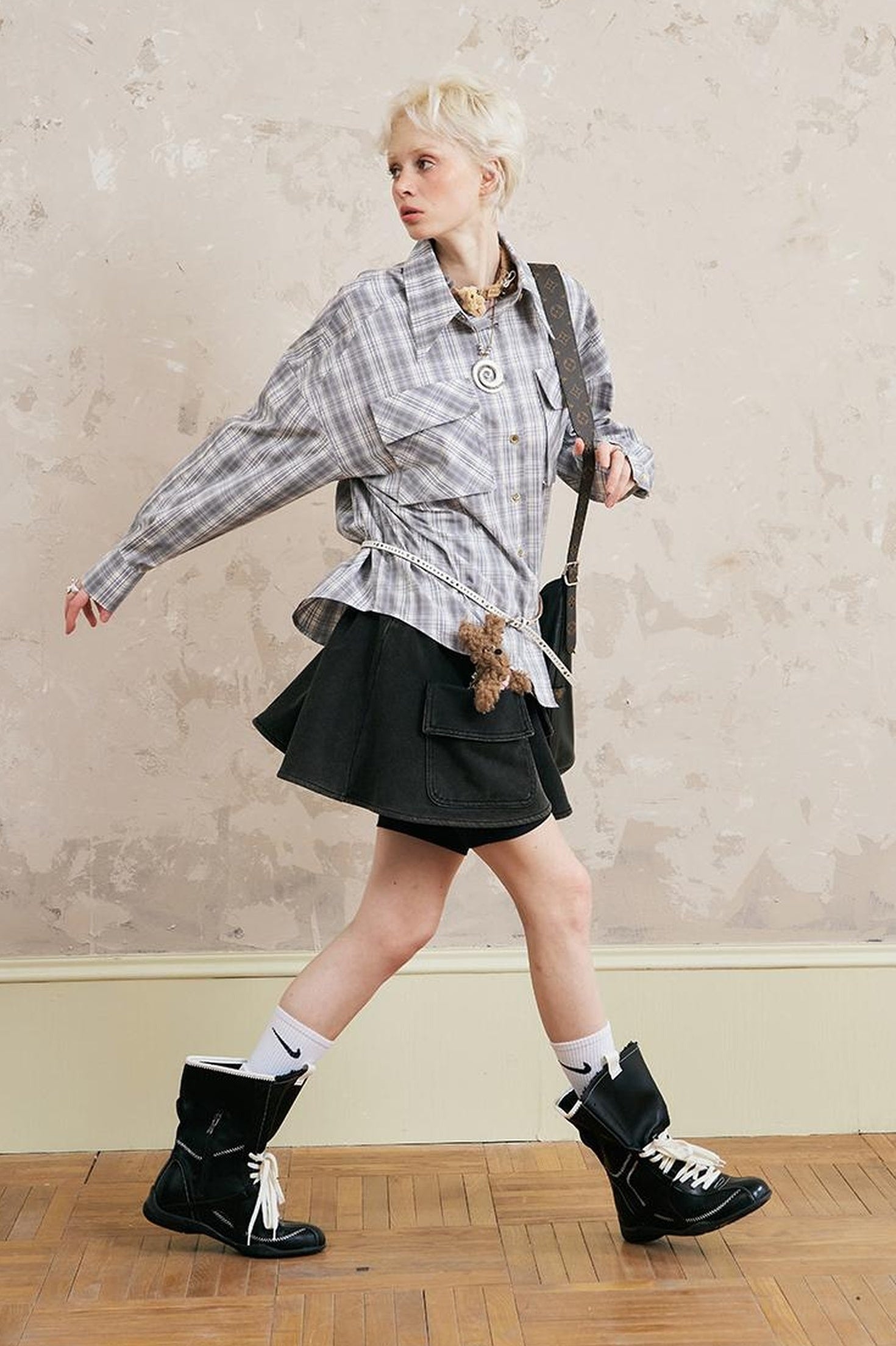 DIDDI MODA Oversized Checkered Off Shoulder Shirt With Layered Pockets