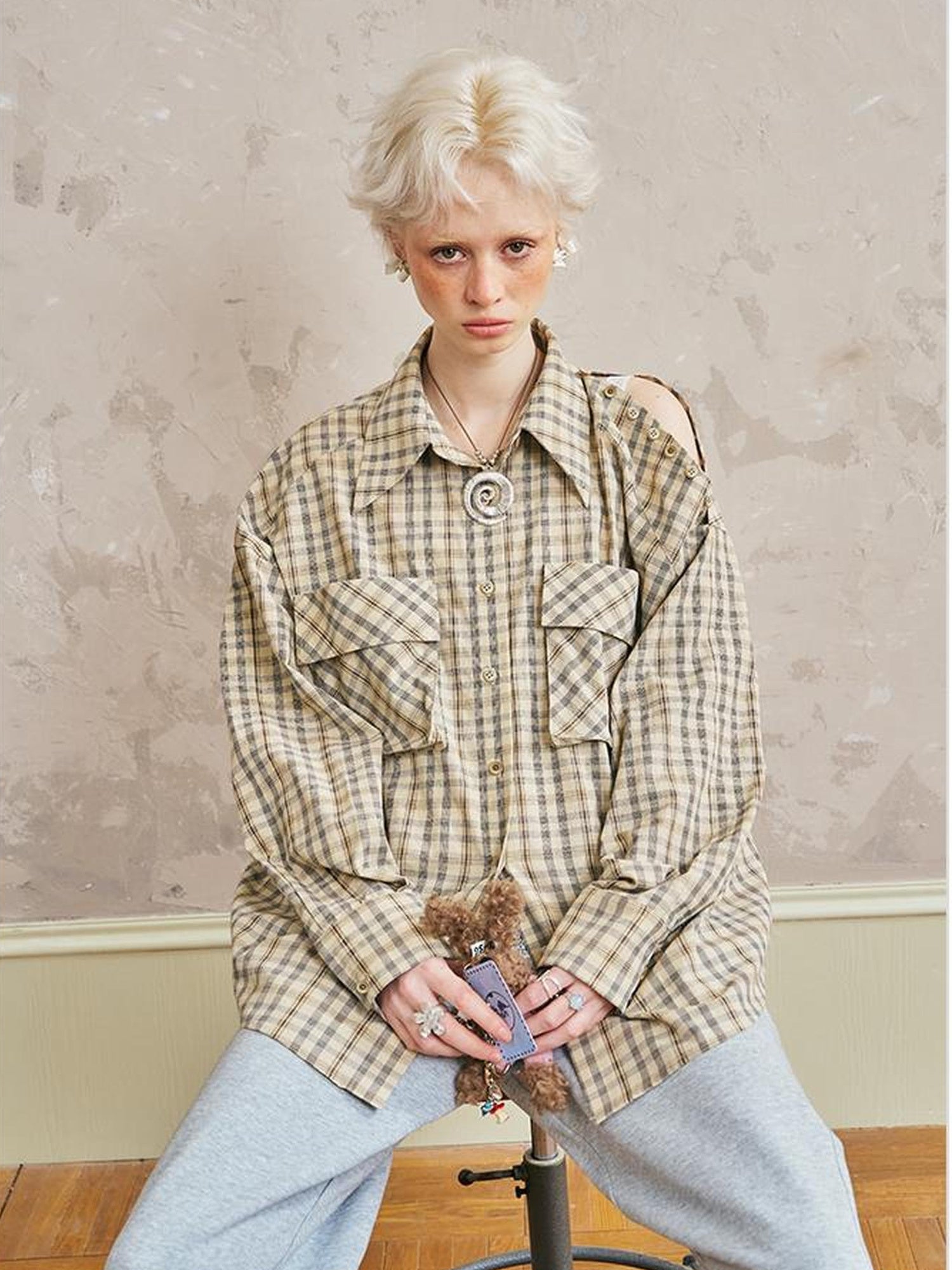 DIDDI MODA Oversized Checkered Off Shoulder Shirt With Layered Pockets