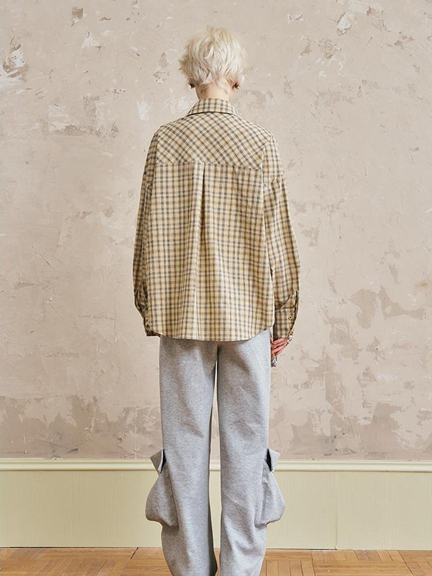 DIDDI MODA Oversized Checkered Off Shoulder Shirt With Layered Pockets