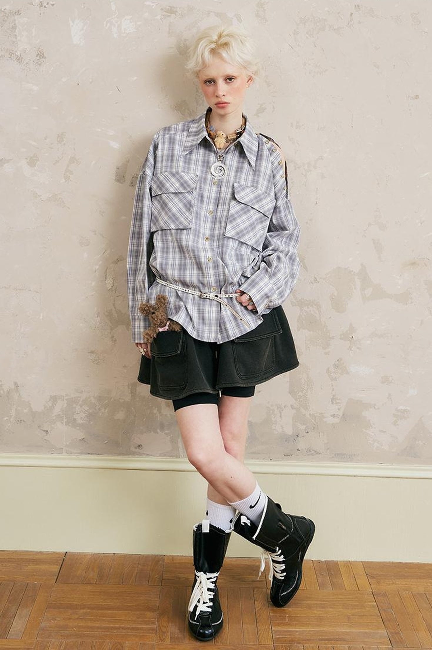 DIDDI MODA Oversized Checkered Off Shoulder Shirt With Layered Pockets