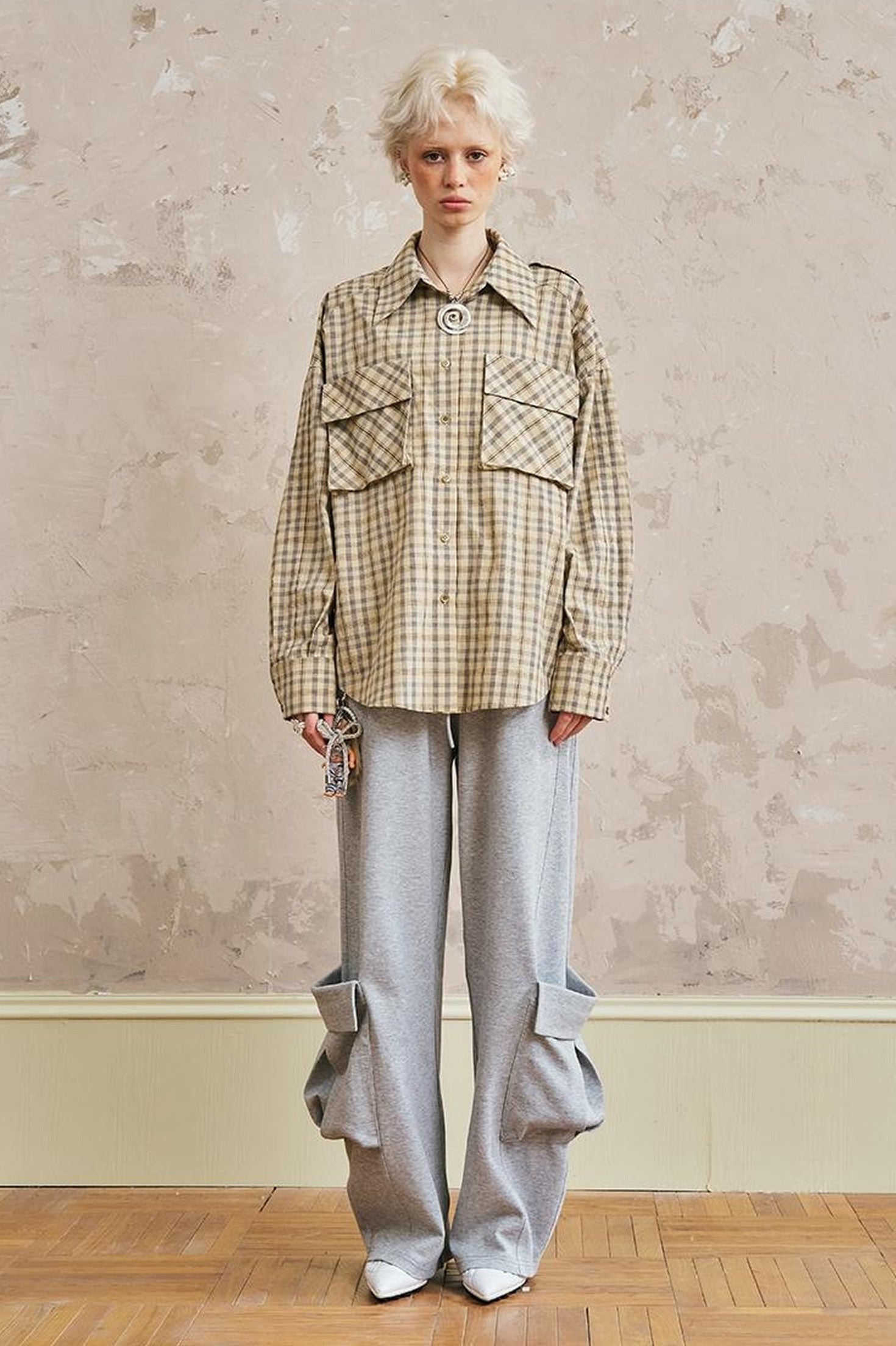 DIDDI MODA Oversized Checkered Off Shoulder Shirt With Layered Pockets