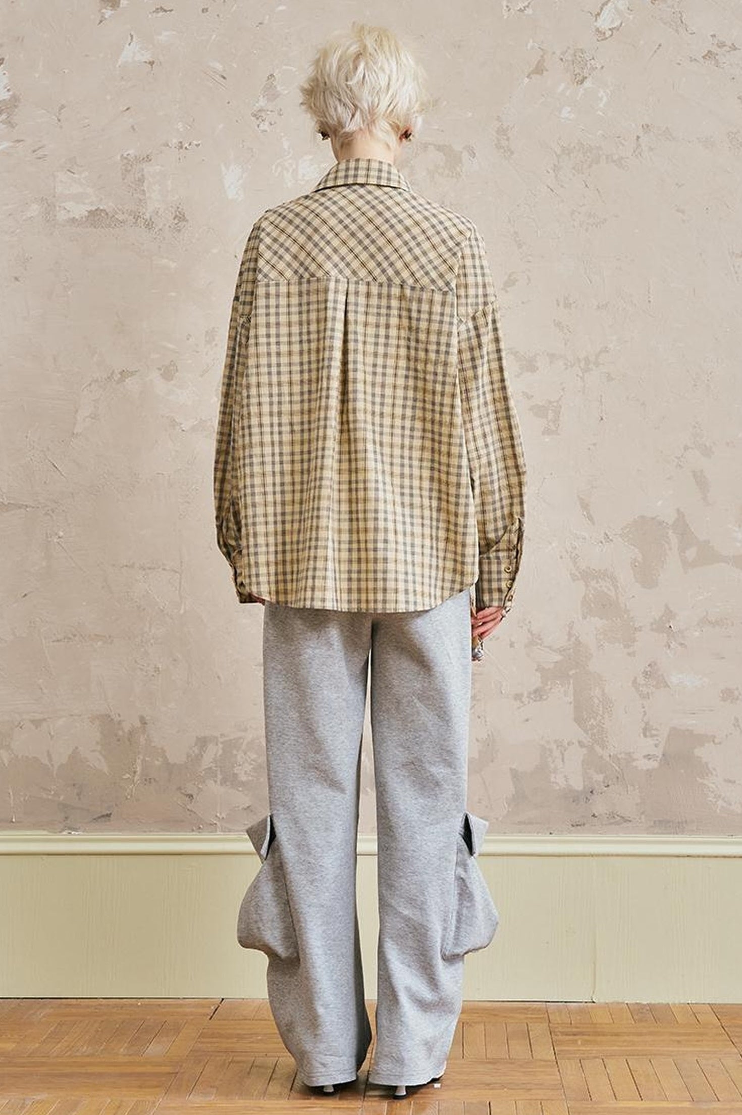 DIDDI MODA Oversized Checkered Off Shoulder Shirt With Layered Pockets