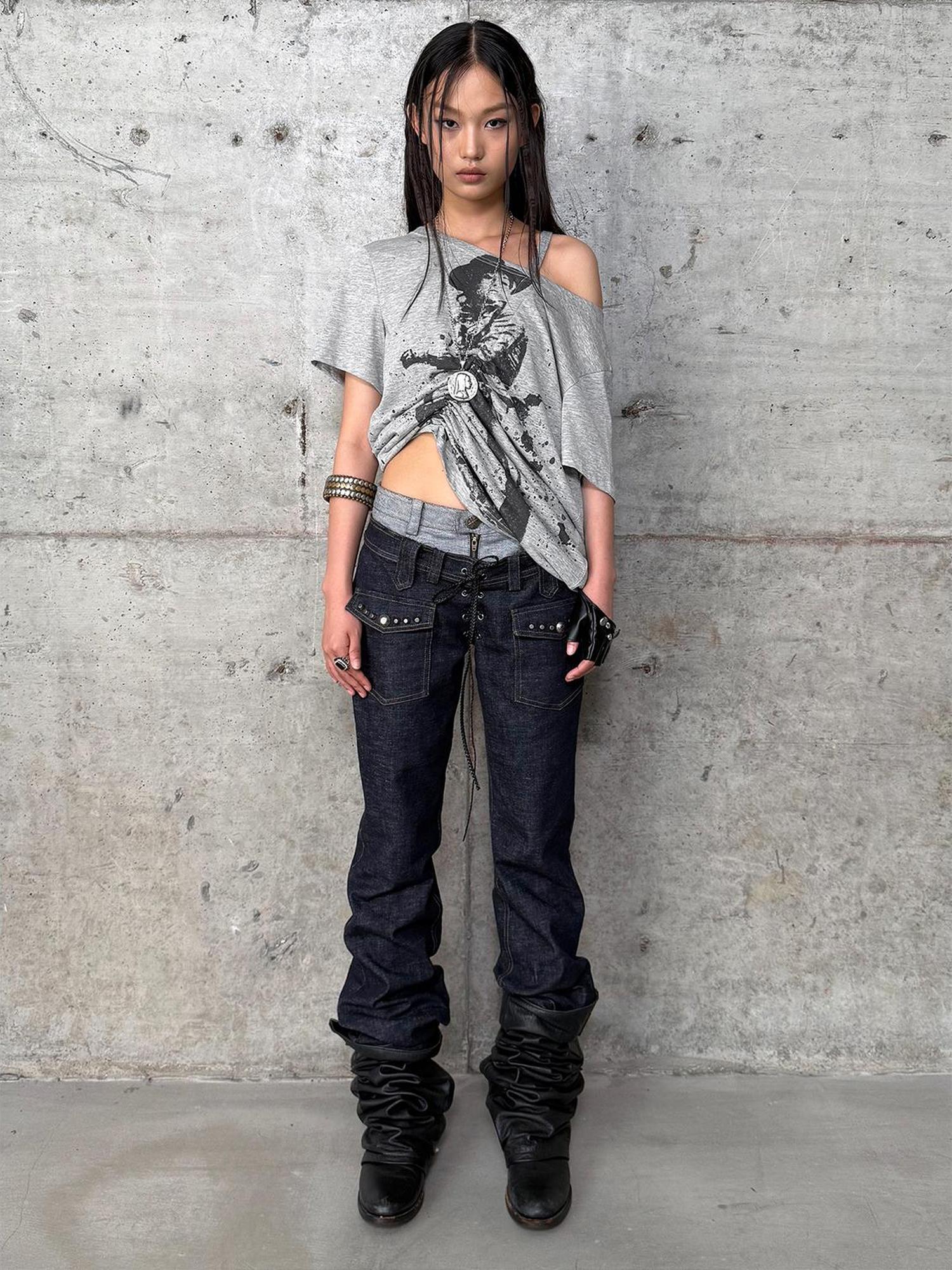 DoublePunch Oversized Off Shoulder Adjustable Drawstring Print T-Shirt
